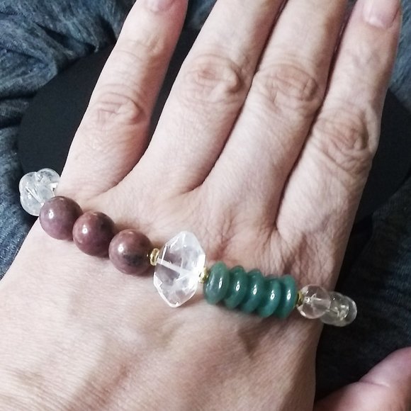 Clear Quartz & Green Agate & Rhodonite - Heart Healing & Self Love Bracelet - Picture 3 of 7